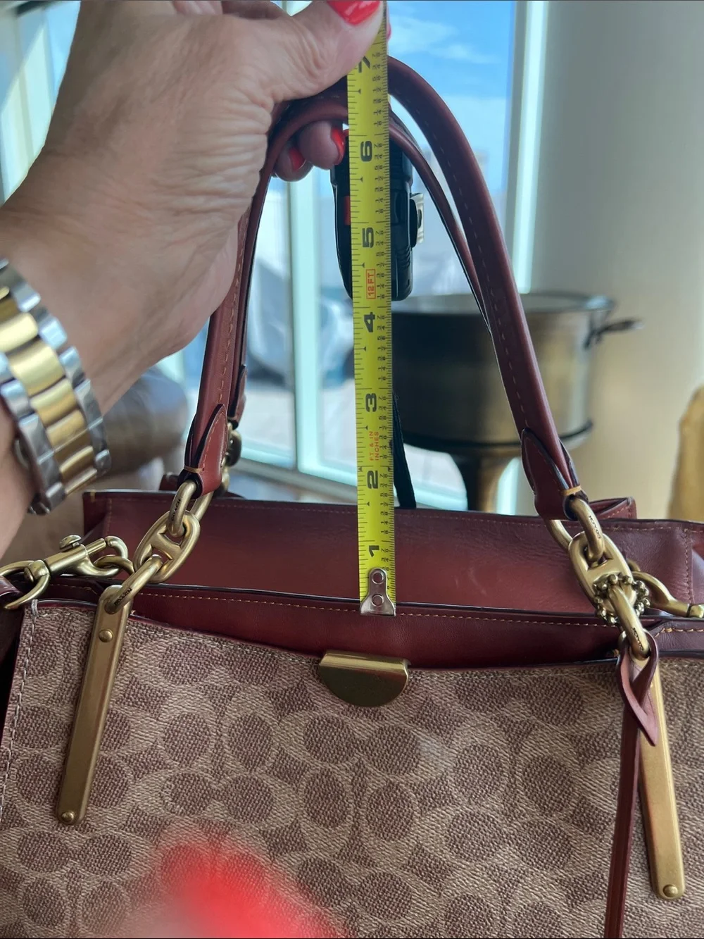 Coach Brown Signature Monogram Satchel with Burgundy Trim